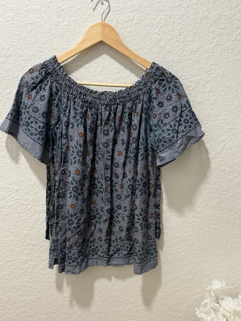 LOFT Slate Blue Floral Off-Shoulder Peasant Top
